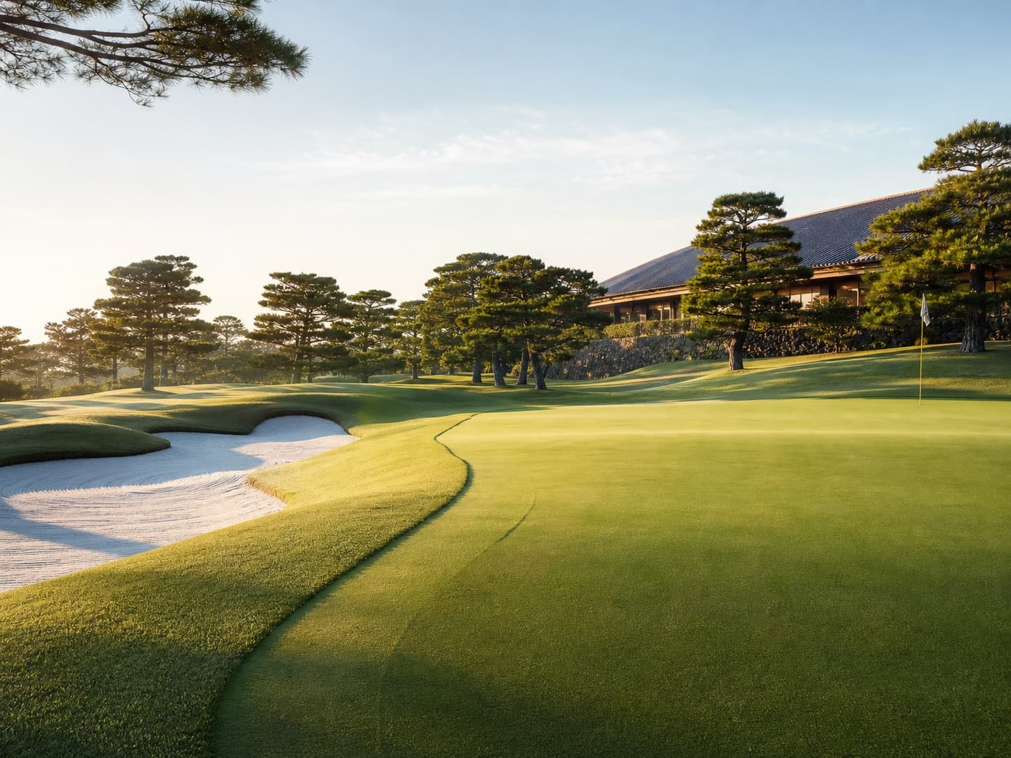 Pristine Japanese golf green and clubhouse